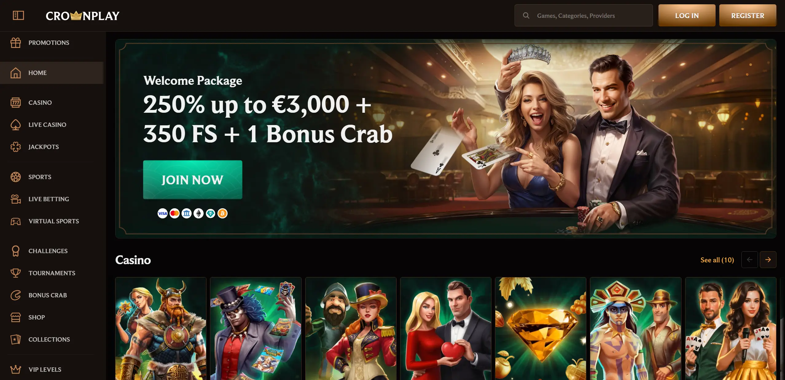 CrownPlay frontpage with 250% welcome package up to €3,000