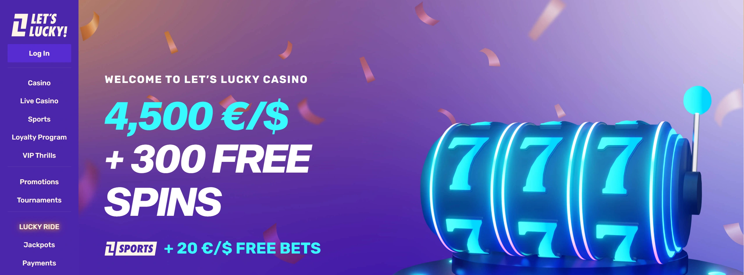 Let's Lucky frontpage with casino bonus up to $4,500