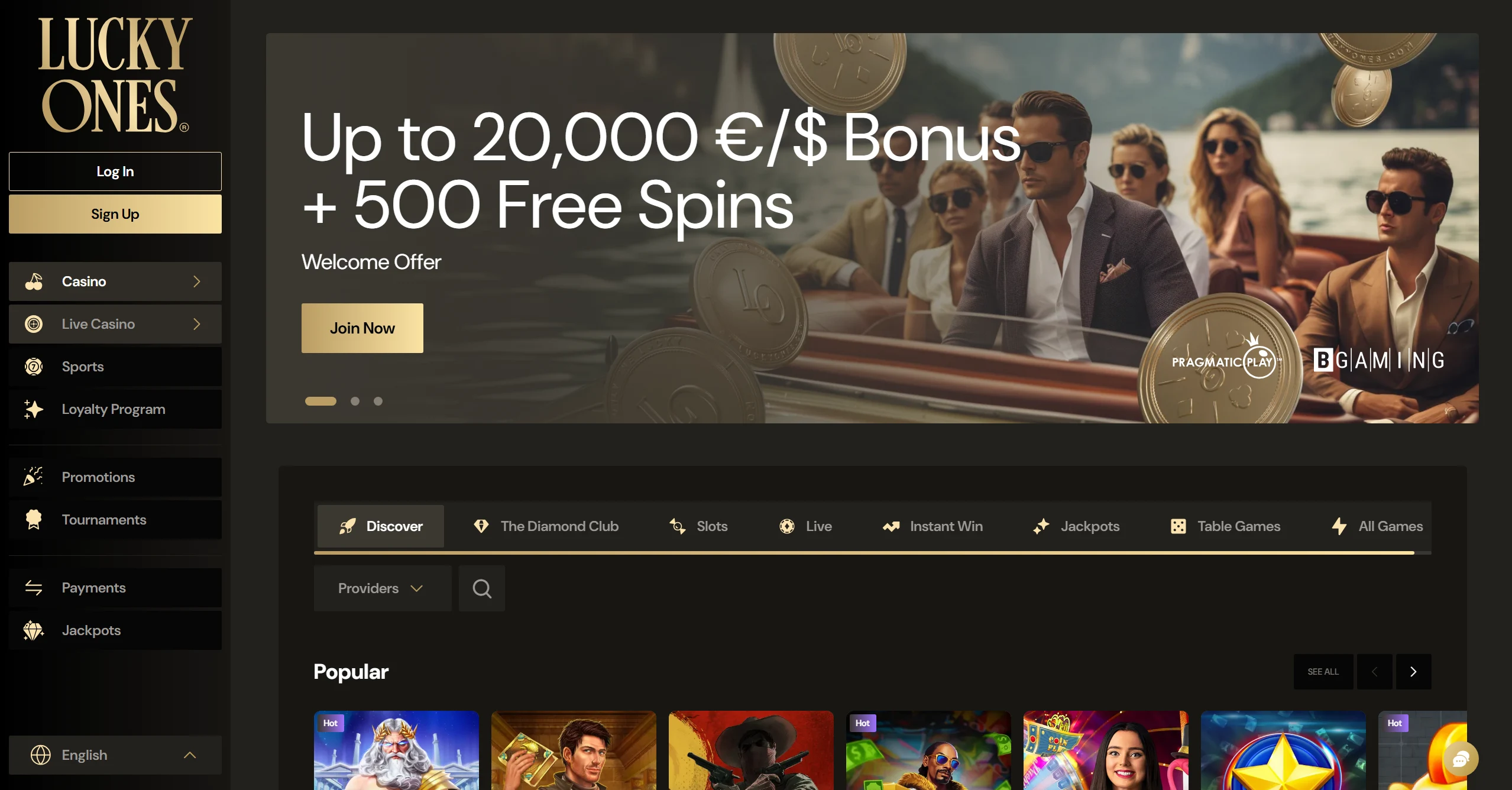 LuckyOnes frontpage with $20,000 bonus and top online pokies
